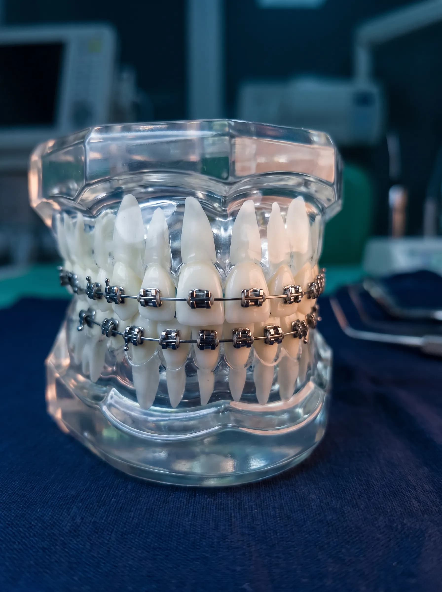 Finished orthodontic case with the finishing archwire fully seated