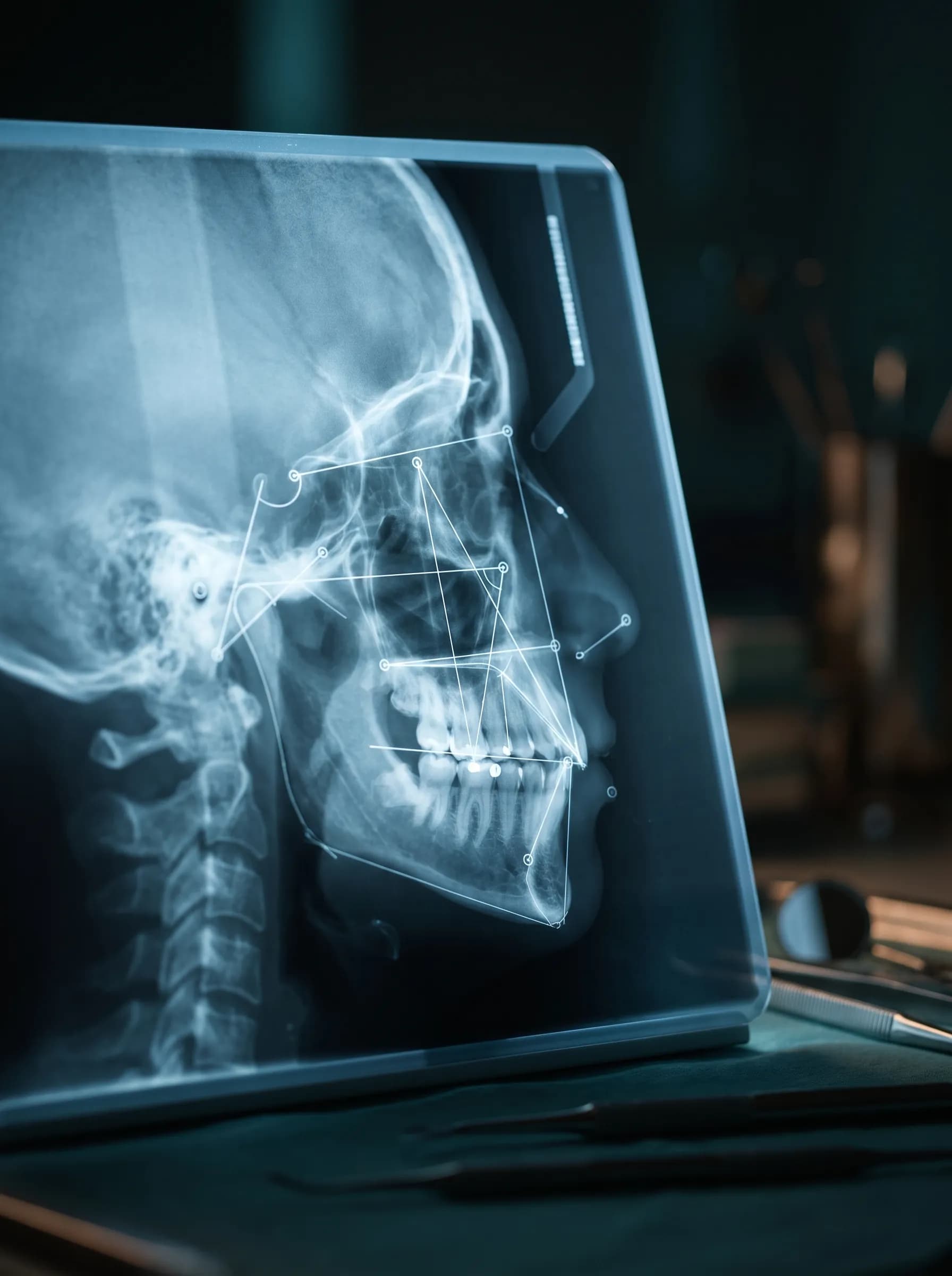 Lateral cephalometric radiograph with tracing lines and landmark points on a viewing panel