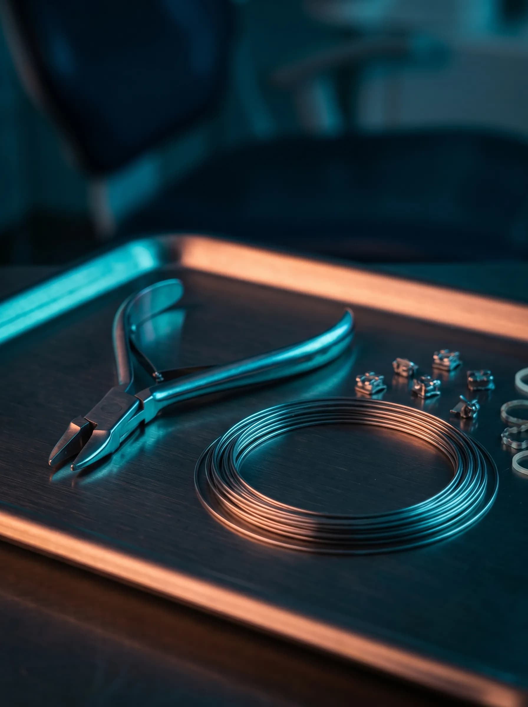 Orthodontic wire-bending pliers, archwire and brackets on a clinical tray
